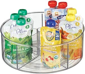 mDesign Divided Lazy Susan Turntable Storage Container for Kitchen Cabinet, Pantry, Refrigerator, Countertop Food Safe - Spinning Organizer for Kids/Toddler's Food Pouches - 5 Sections, Clear
