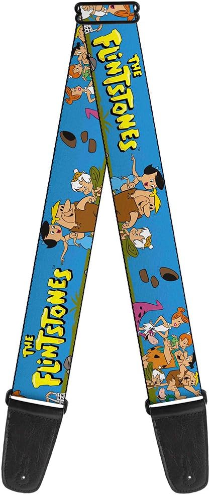 Buckle-Down Guitar Strap - The Flintstones and Rubbles Group Pose/Logo Blue - 2" Wide - 29-54" Length