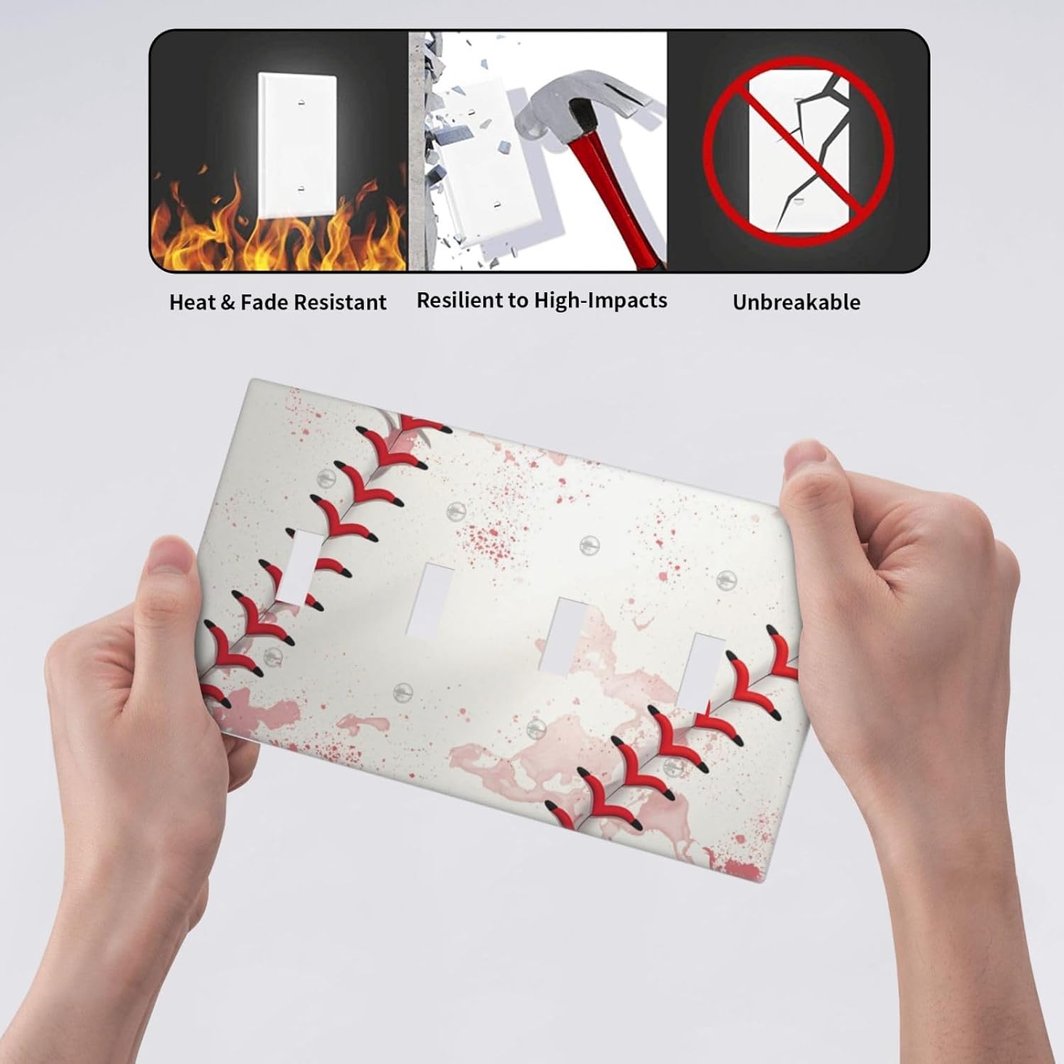 Light Switch Cover Baseball Sports Ball Game 4 Gang Switch Plate Quad Toggle Wall Plates Decorative Switchplate Electrical Outlet Cover for Bathroom Bedroom Decor