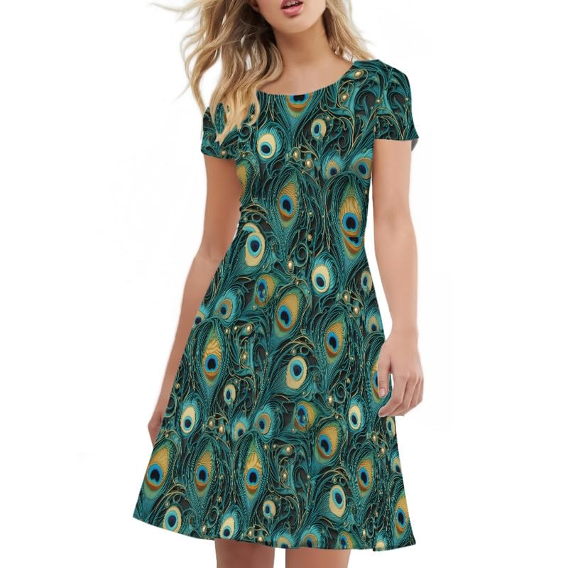 Image of Irisjudy T Shirt Dress for Women Short Sleeve Girls Short Sleeve Dress Plus Size, O Neck Knee Length Midi Dress for Ladies