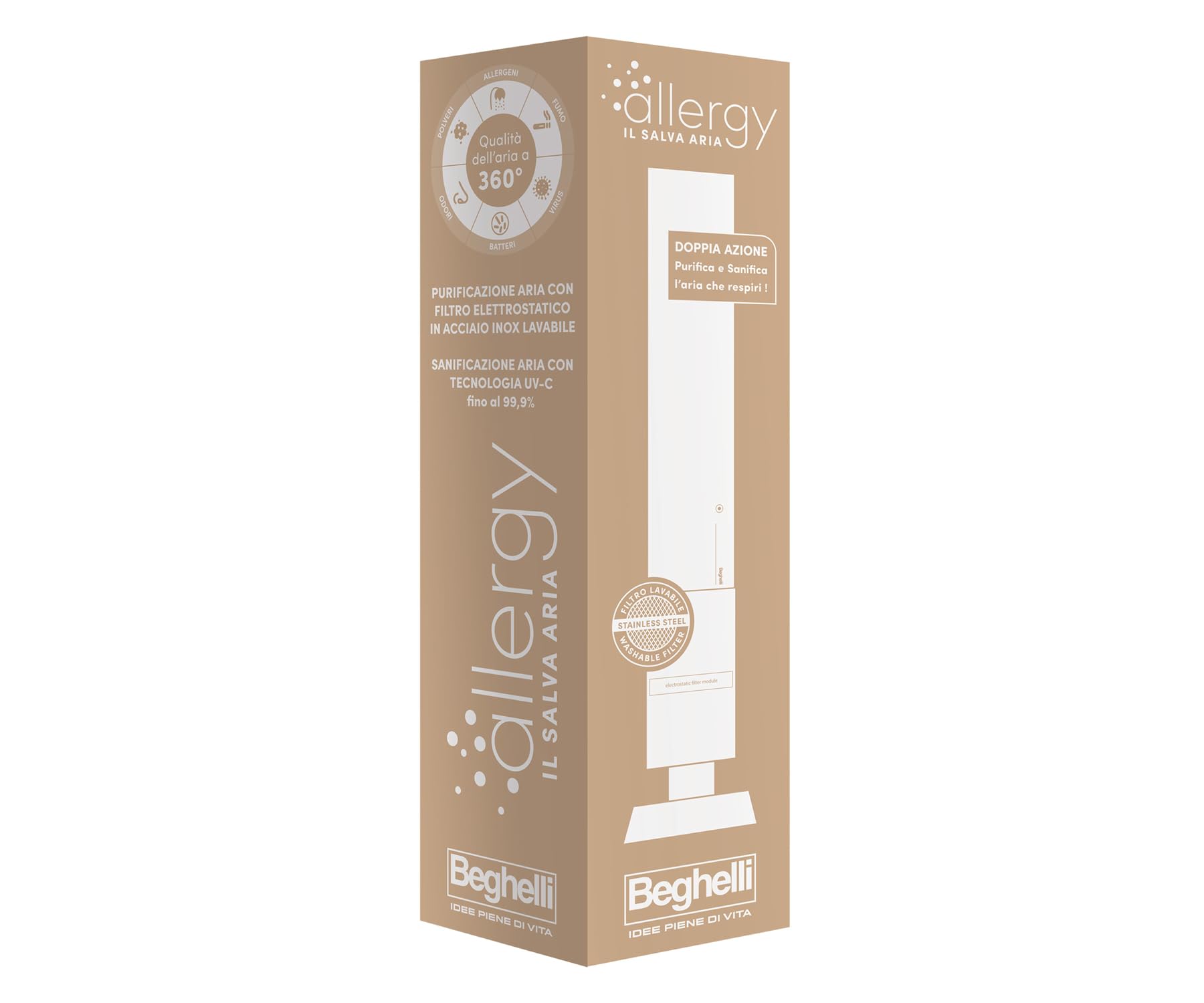 Beghelli Allergy - Purificatore d'Aria con Tecnologia UV-C e Sistema Filtrante Elettrostatico in Acciaio Inox; Elimina Polveri, Pollini, Allergeni, Fumo, Odori, Batteri, Virus, Fino 50 m2;