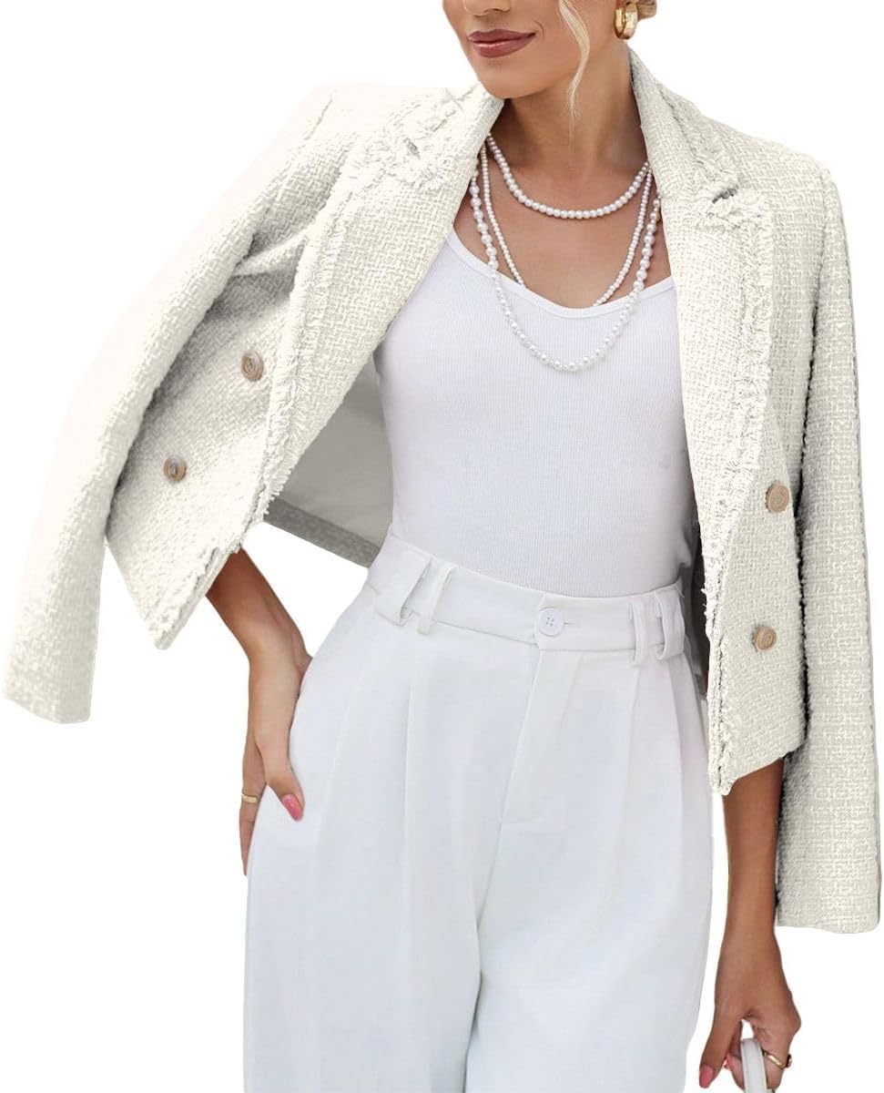 Donna Autunno Inverno Tweed Blazer Casual Doppio Petto Aperto Anteriore Ufficio Tasche Giacca Solida