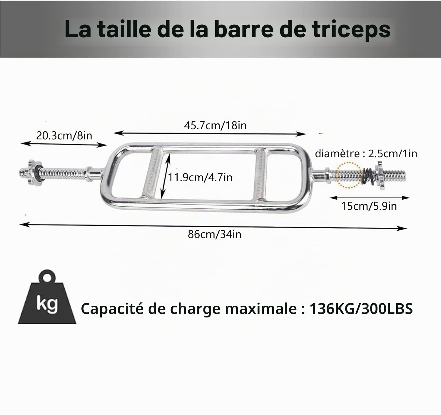 tonchean Barre de musculation 119,4 cm/86,4 cm Barre de triceps EZ Curl Bar pour disques de poids de 5,1 cm/2,5 cm, barre d'haltérophilie avec 2 colliers à ressort pour exercices de fitness à domicile
