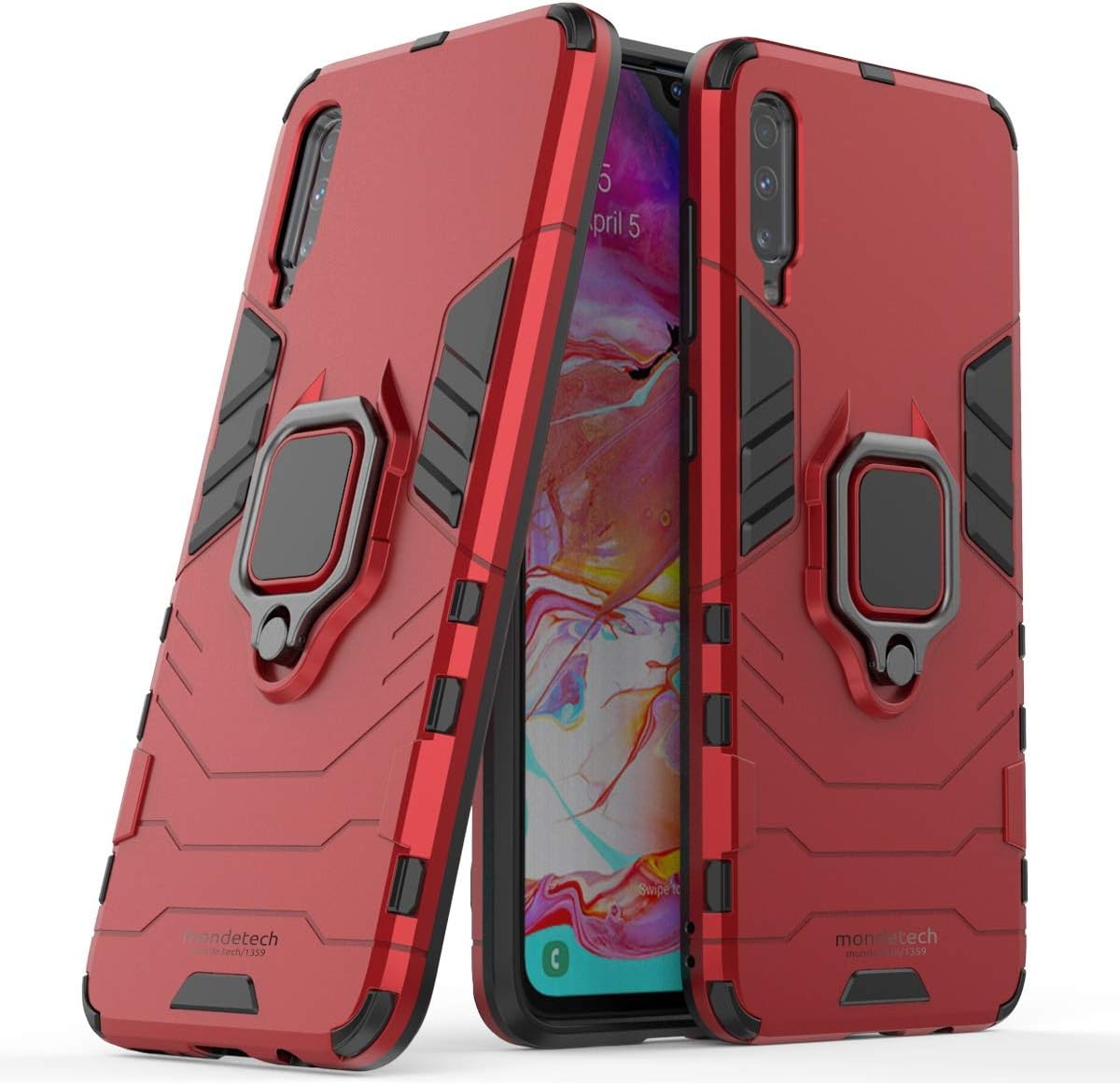 Mondetech for Samsung Galaxy A70 Case with Screen Protector, Slim Drop Protection with Ring Stand, Magnetic Holder Compatible, 9H Tempered Glass Screen Film, Outdoor Shockproof Cover, Red