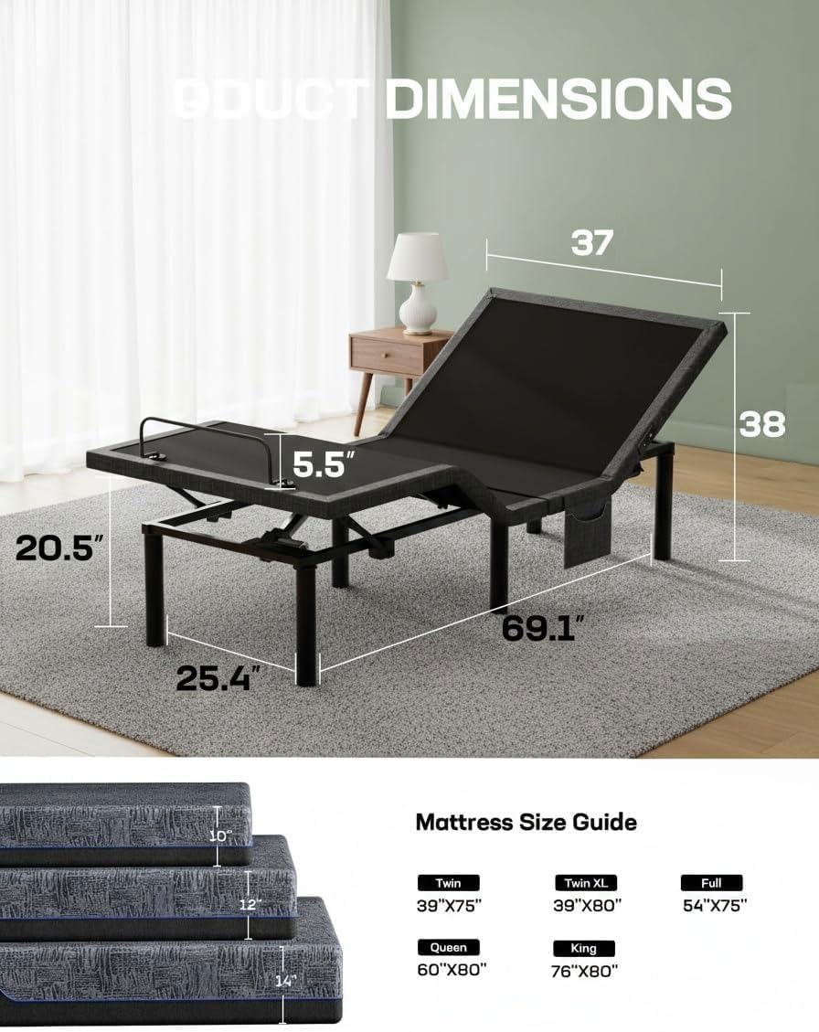 Marsail Twin XL Adjustable Bed Frame with Head & Foot Incline, 4 USB Ports, Under-Bed Night Light, 4 Height Options, Remote Control & Zero Gravity Electric Adjustable Bed Base,4 Height Options - Image 2