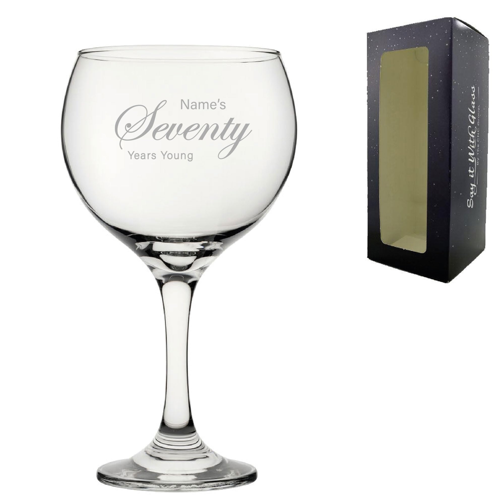 Personalised Engraved 70th Birthday Gin and Cocktail Glass, Name's 70 Years Young, Gift for Grandma, Mum, Nan, Curly Font, 640ml or 22.5oz Cubata Gin Balloon, Engraved in The UK โ image 1