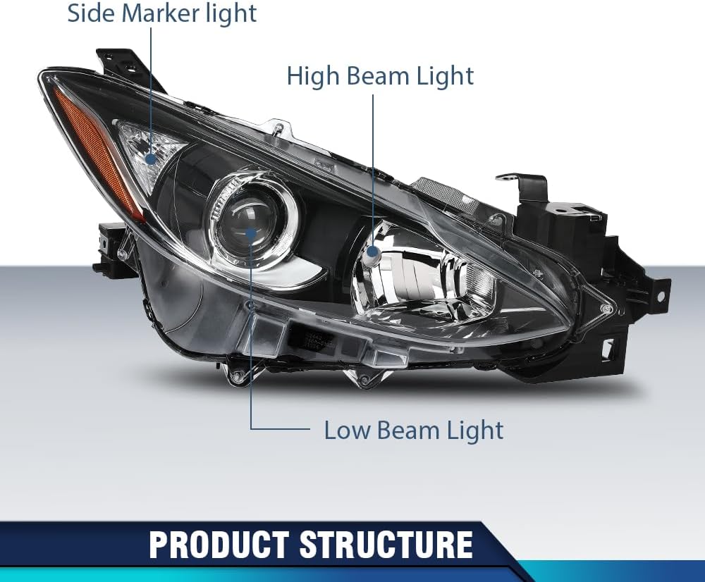 PIT66 Projector Headlights Assembly Front Headlamp Pair Compatible with Mazda 3 2014 2015 2016 BPW1510K0, BPW1510L0, MA2503144, MA2502144 Clear Lens Black Housing Amber Reflector