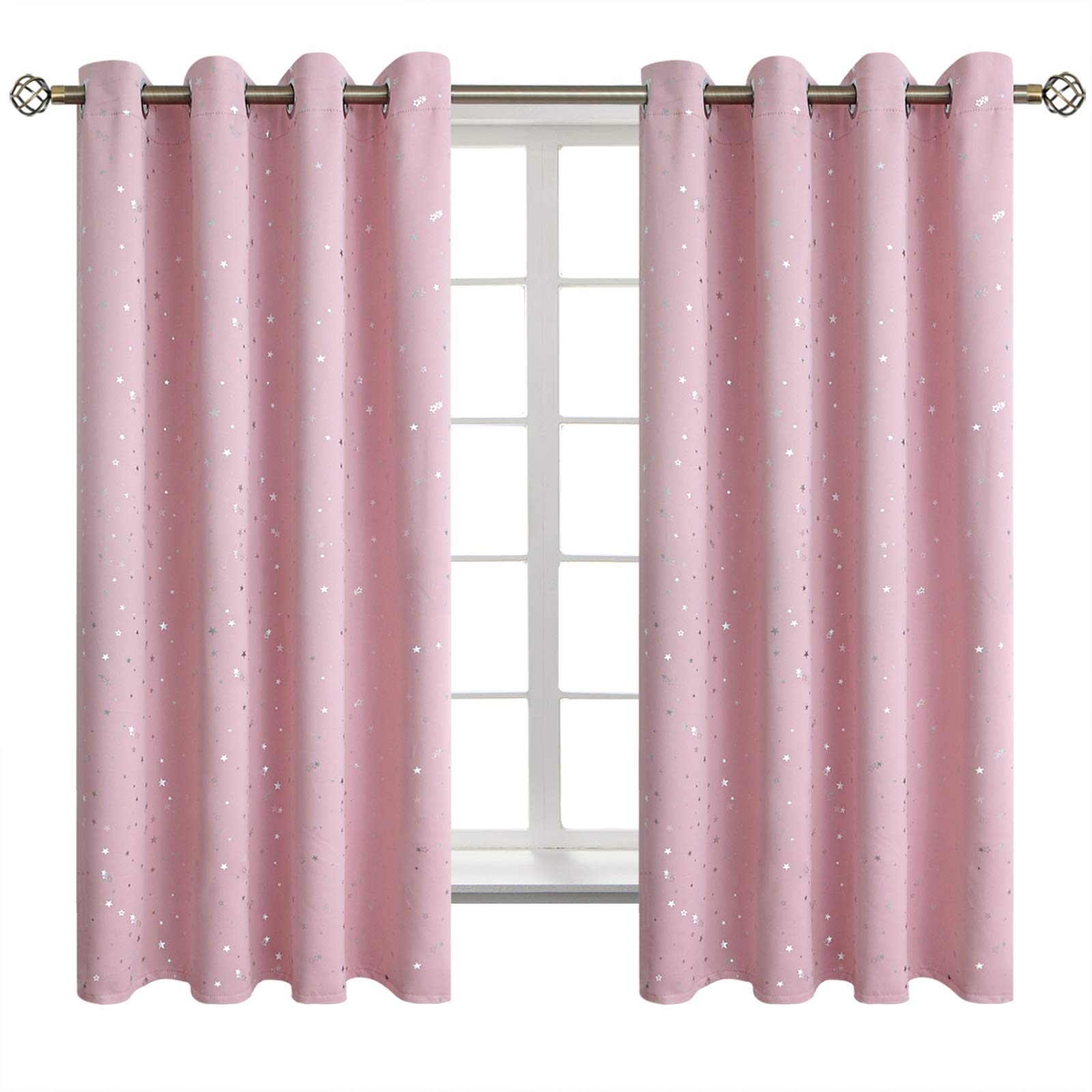 BGment Kids Blackout Curtains for Bedroom - Grommet Thermal Insulated Silver Star Print Room Darkening Curtains for Kids Room, Set of 2 Panels, 52 x 63 Inch, Baby Pink