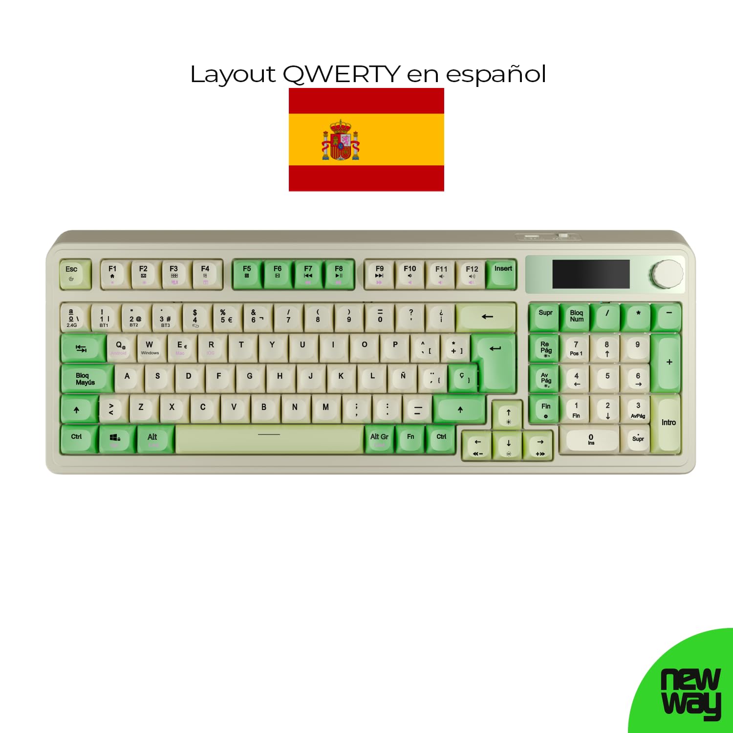 NEWWAY NK251 – Teclado inalámbrico Recargable Pantalla LCD Rueda Multifunción - QWERTY español – Triple Modo (WiFi 2.4 GHz, BT, USB-C) – RGB – Receptor USB Integrado en la Parte Trasera