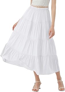 Women's Boho Maxi Skirt Summer Flowy Long Tiered A-Line Elastic High Waist Pleated Beach Skirt