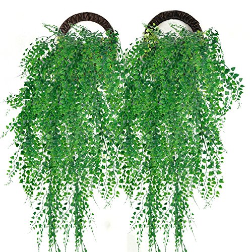Outgeek Artificial Hanging Plants, 2PCS Artificial Green Ivy Vine Artificial Shrubs Hanging Vine Plant for Home Garden Outdoor Wall Decoration