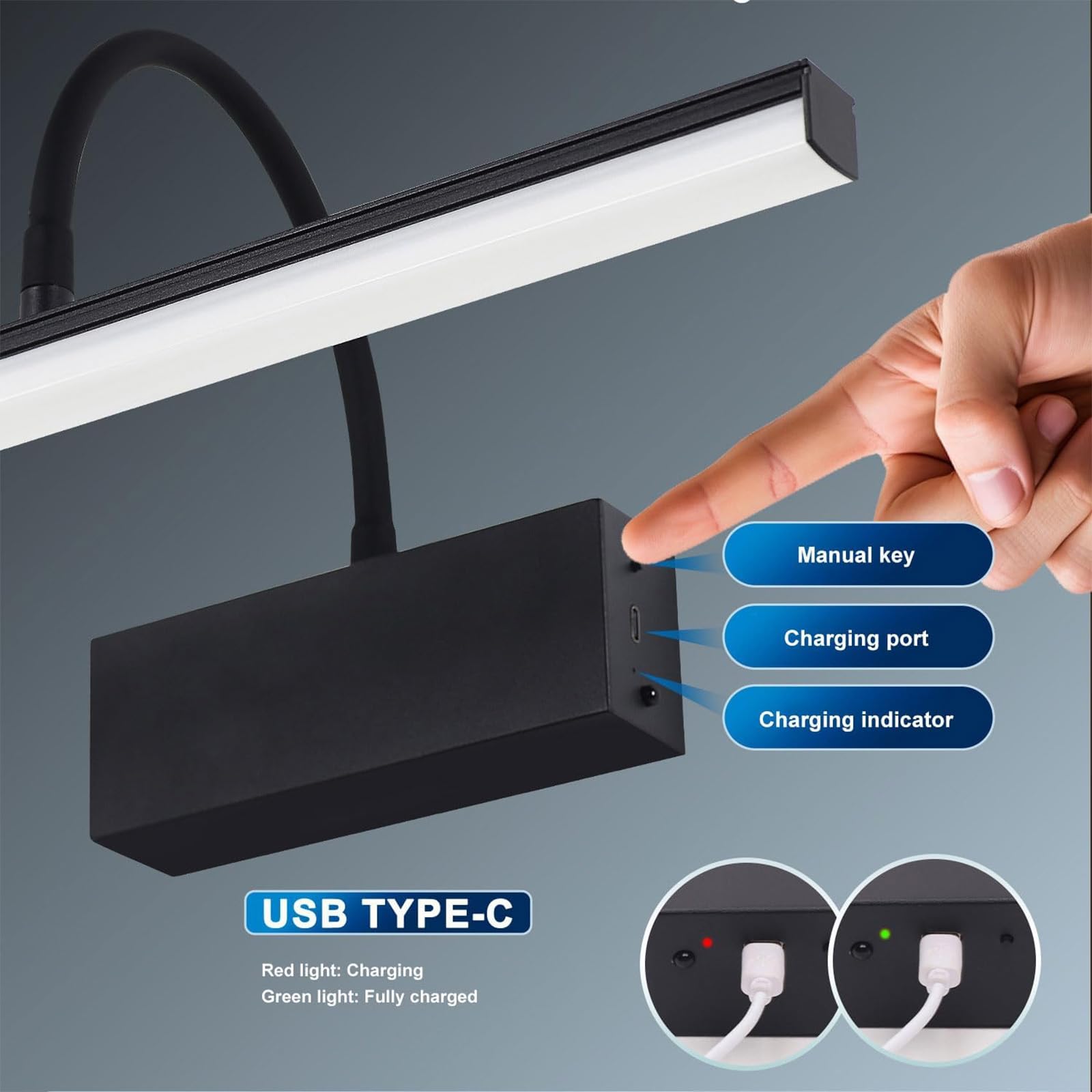 LED Luce Specchio Bagno Dimmerabile Applique da Parete con Telecomando Ricaricabile Iluminazioni per Pareti 360° Girevole Angolo Regolabile Lampada da Parete Quadri Soggiorno (Nero,2 Pezzi)