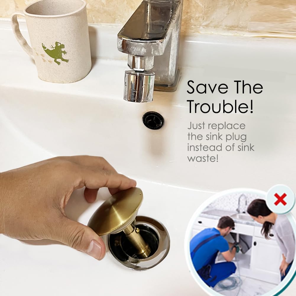 Pop Up Sink Plug Replacement Brushed Gold 66mm Solid Brass, Click Clack Sink Plug, Sink Drain Plug Stopper - Image 4