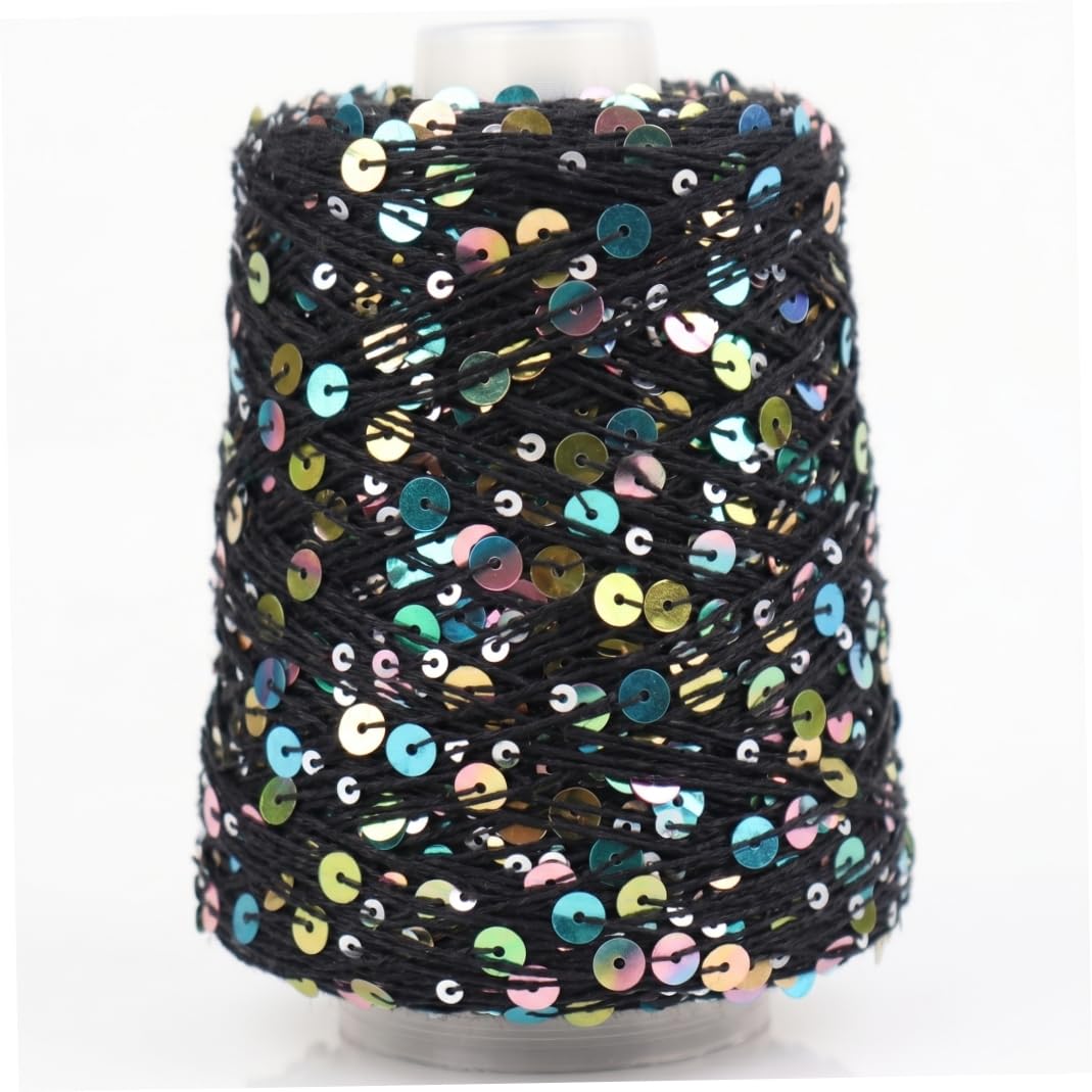 Lcarege Sequin Yarn, 200g Sequin Yarn for Crocheting, 656 Yards Cotton Sparkle Yarns with 6mm Sequins (Black)