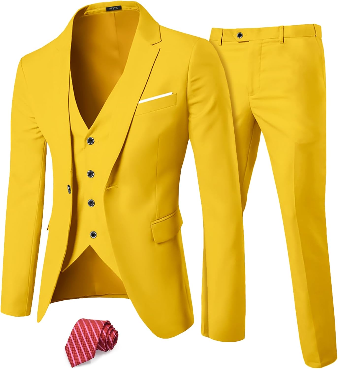 MY'S Men's 3 Piece Suit Set with Tie, One Button Slim Fit Solid Jacket Vest Pants, Prom Party Wedding Business Suits for Men