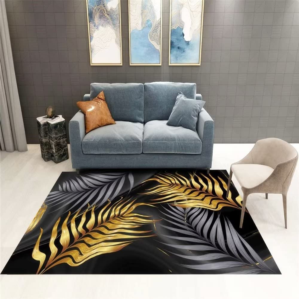Tapis exterieur 200x250cm et grand tapis jaune salon lavable au motif feuilles de style moderne