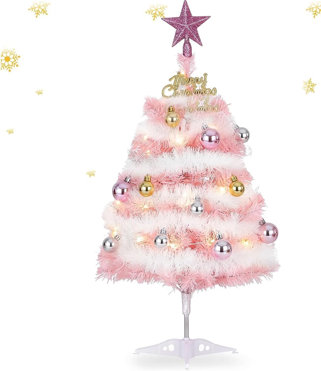 Small Pink Christmas Tree, 2ft Mini Christmas Tree, Artificial Small Desktop Xmas Tree with Lights and Tree Ornaments, for Christmas Thanksgiving Decorations
