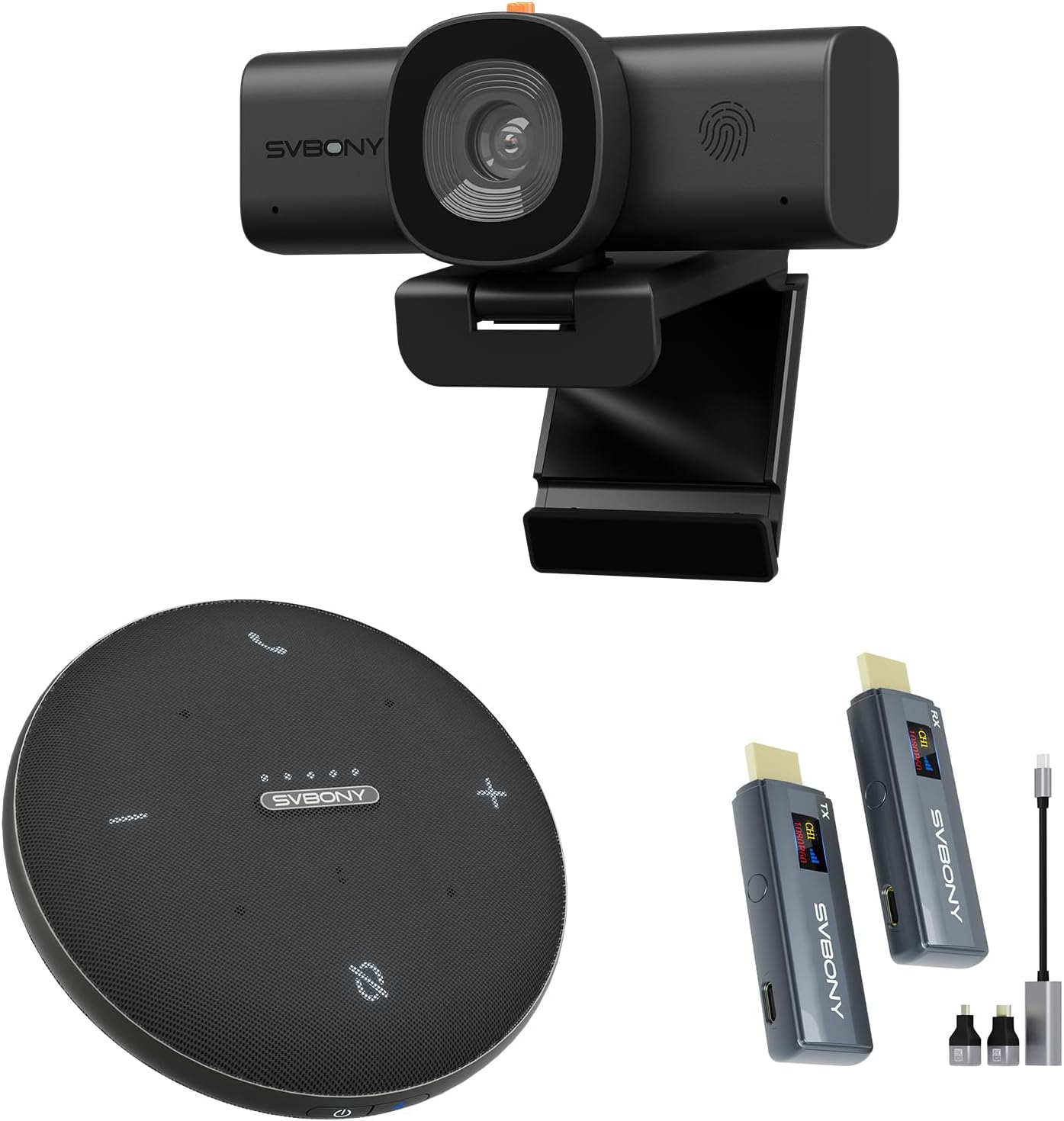 SVBONY Wireless Conference Kit, 2K Webcam with 2 Mics & Privacy Cover, Omni2 Bluetooth Speakerphone with 3A+AI Noise Reduction, Wireless HDMI Transmitter and Receiver for Meeting, Streaming, Teaching