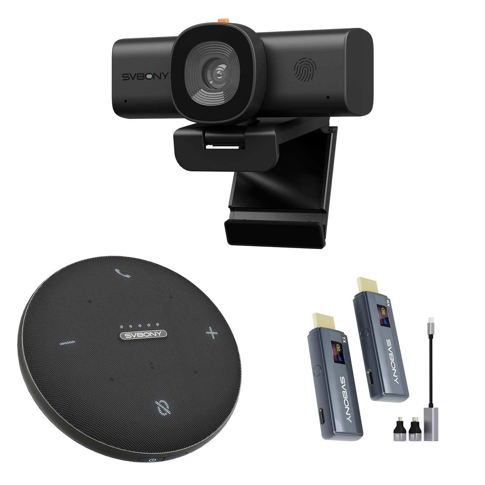 SVBONY Wireless Conference Kit, 2K Webcam with 2 Mics &amp; Privacy Cover, Omni2 Bluetooth Speakerphone with 3A+AI Noise Reduction, Wireless HDMI Transmitter and Receiver for Meeting, Streaming, Teaching