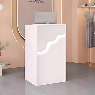 Small Reception Counter with LED Lights and Drawers - Standing Front Desk for Supermarket, Convenience Store, Hotel (White, 23.6in)