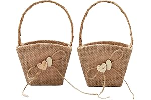 2PCS Burlap Wedding Flower Girl Basket Double Love Heart and Bowknot