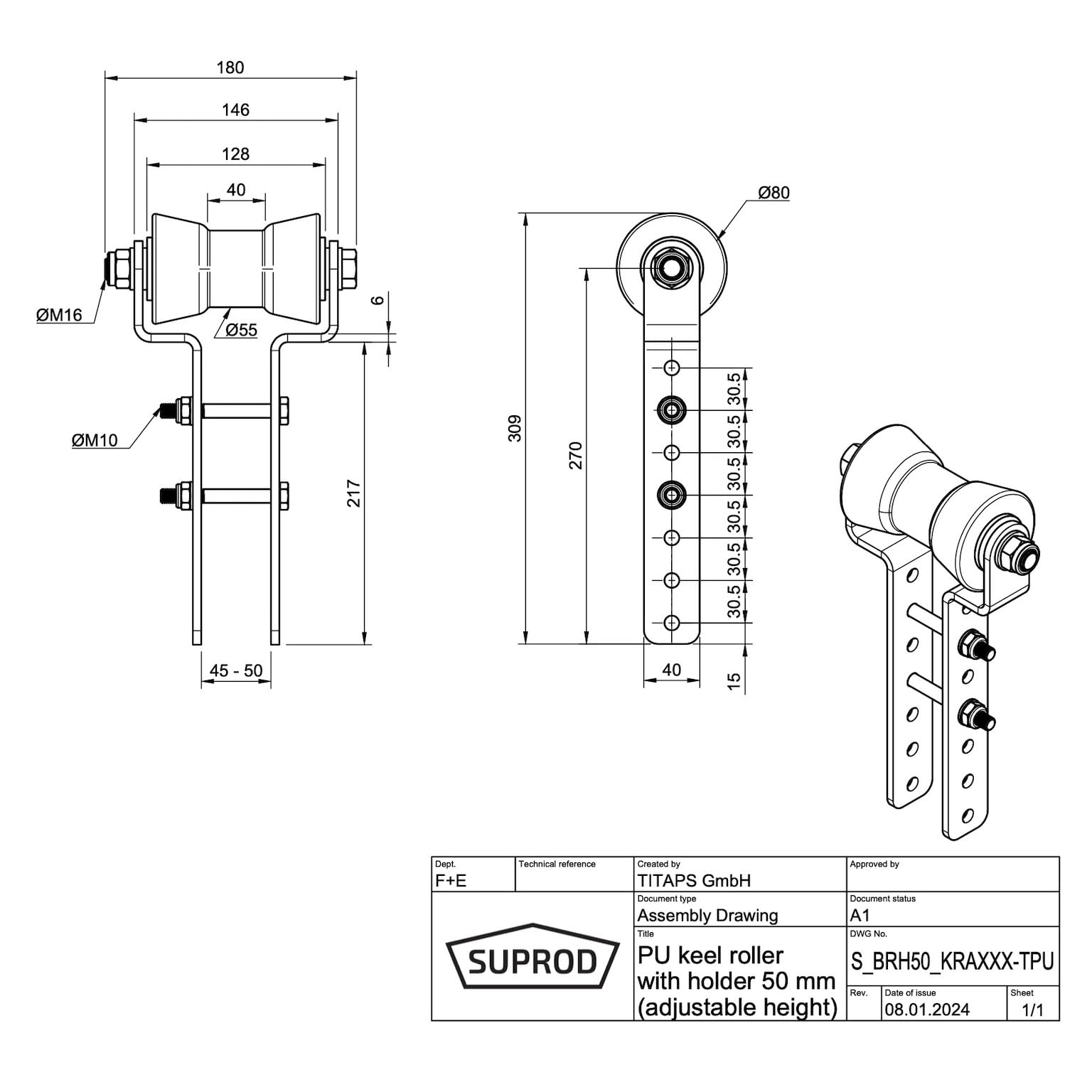 SUPROD Polyurethan Kielrolle mit Halter H höhenverstellbar Bootstrailer Sliphilfe verzinkt 130/50 mm