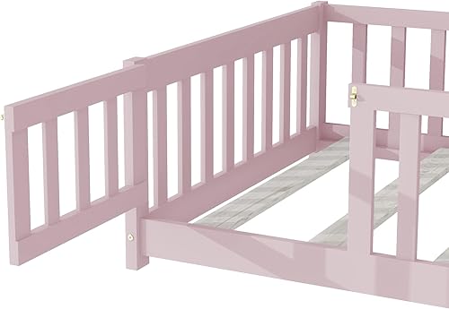 Miniatura 57 de Harper & Bright Designs Cama de suelo tamaño Queen con valla y puerta, marco de cama Montessori de madera para niños, niñas, listones incluidos, no