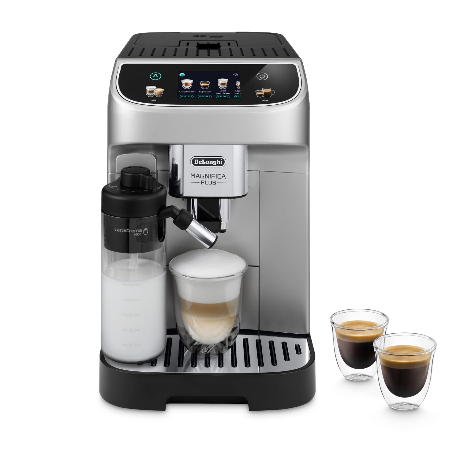 De’Longhi Magnifica Plus– Perfetto Cafetera Superautomática, LatteCrema Jarra de leche automática, 18 Bebidas One-Touch, Pantalla Táctil a Color, Plata y Negro (ECAM322.70.SB)