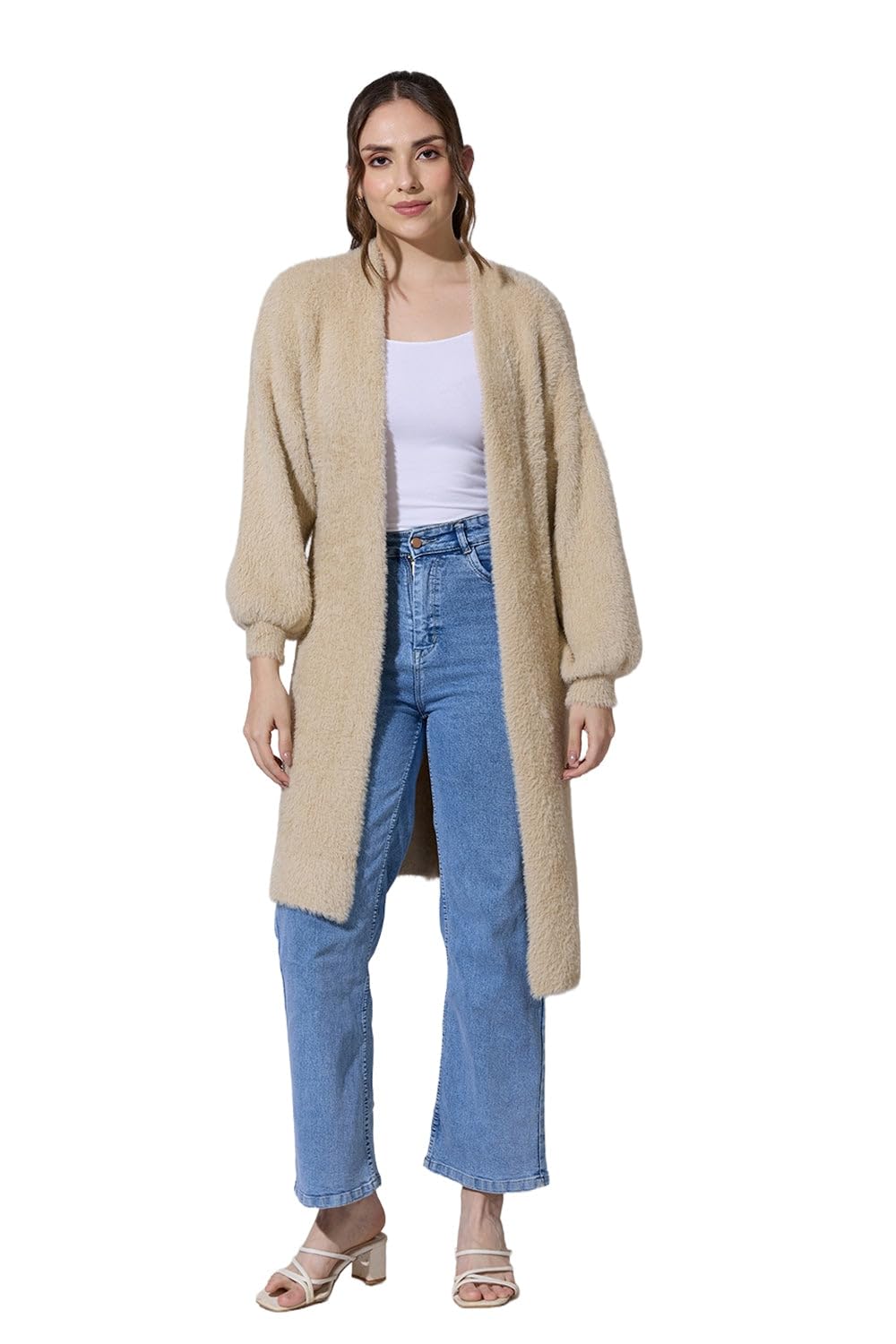 Women's Textured Beige Long Open Front Shrug-CHN-05888_Beige-P-image-26