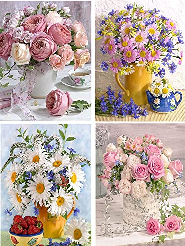 Diamond Painting Set 4 Pack DIY 5D Diamant Painting Bilder Diamant Malerei Kits Full Drill Kristall Malen Nach Zahlen Cross Stitch Stickerei für Home Wall Décor, Blume 30x40cm Cover