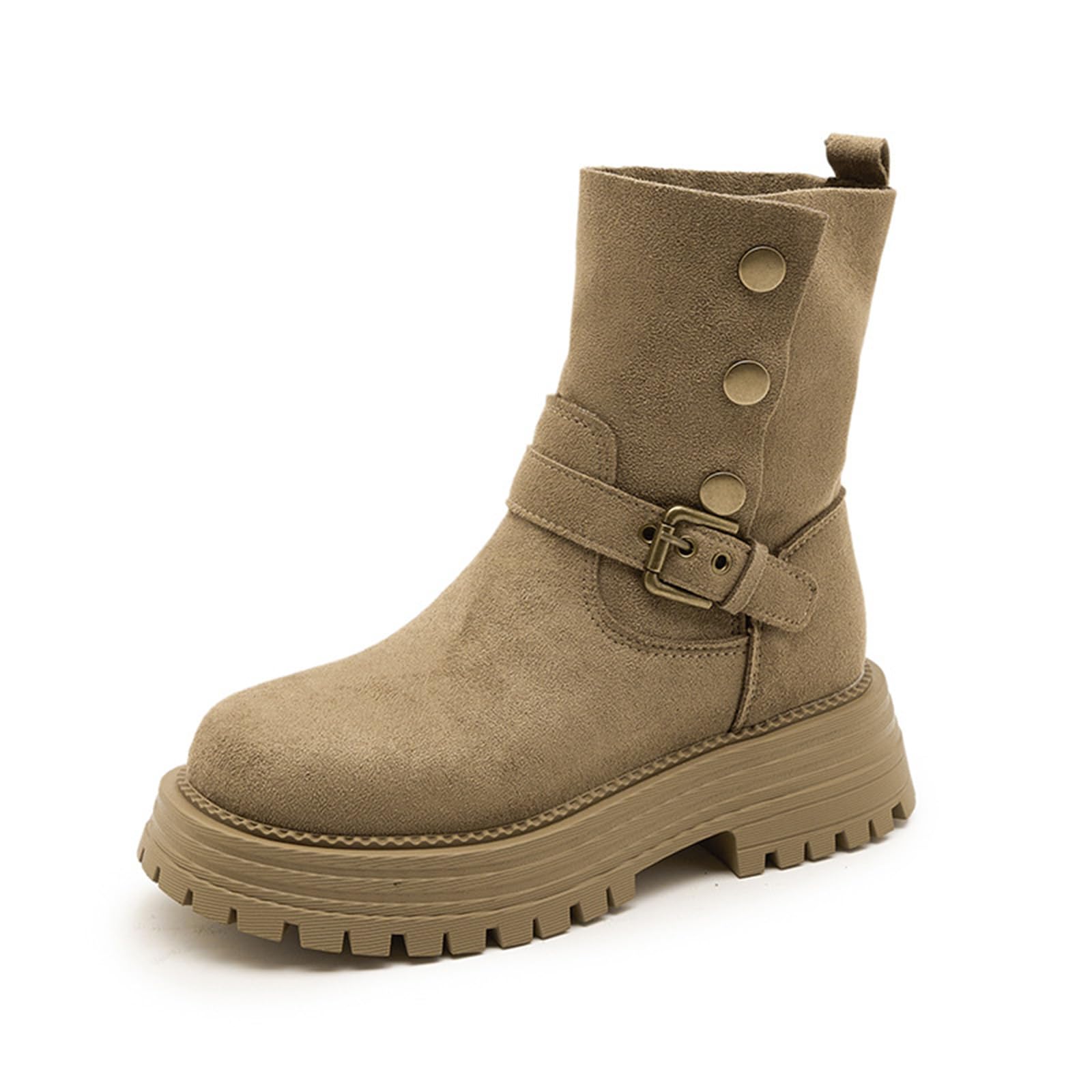 Womens Suede Fashion Two Style Platform Chunky Heel Combat Ankle Boots with Button Classic Round Toe Buckle Strap