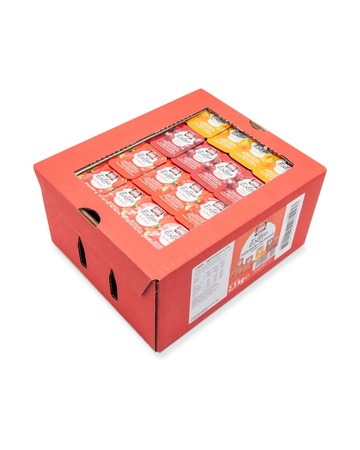 Schwartau Extra Portionen Mix-Box, Konfitüre Portionsschalen (50 x Erdbeere, 25 x Aprikose, 25 x Sauerkirsche), Großpackung, 100 x 25g