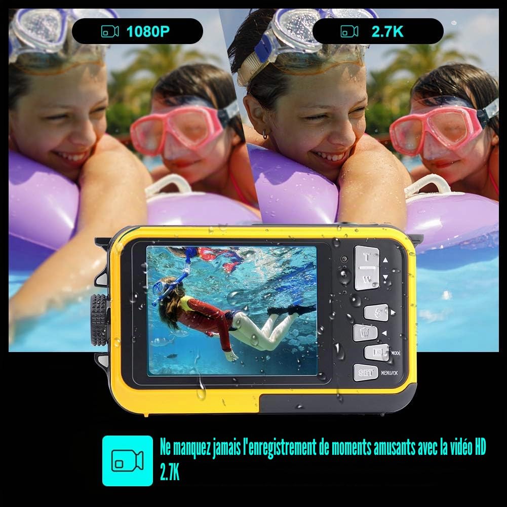 UCY01 Appareil Photo étanche Full HD 2,7 K 48 MP Appareil Photo numérique étanche avec Double écran, Zoom numérique 16x et retardateur