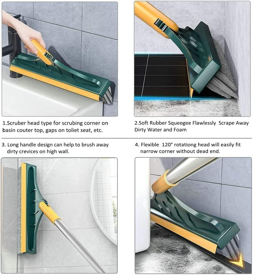 Image of 2-in-1 Bathroom Cleaning Brush with Wiper - Long Handle 180 Rotate Toilet Brush, Tiles Cleaning, Floor Scrub for Kitchen and Bathroom Accessories (2-in 1 Tiles Brush) (Green)