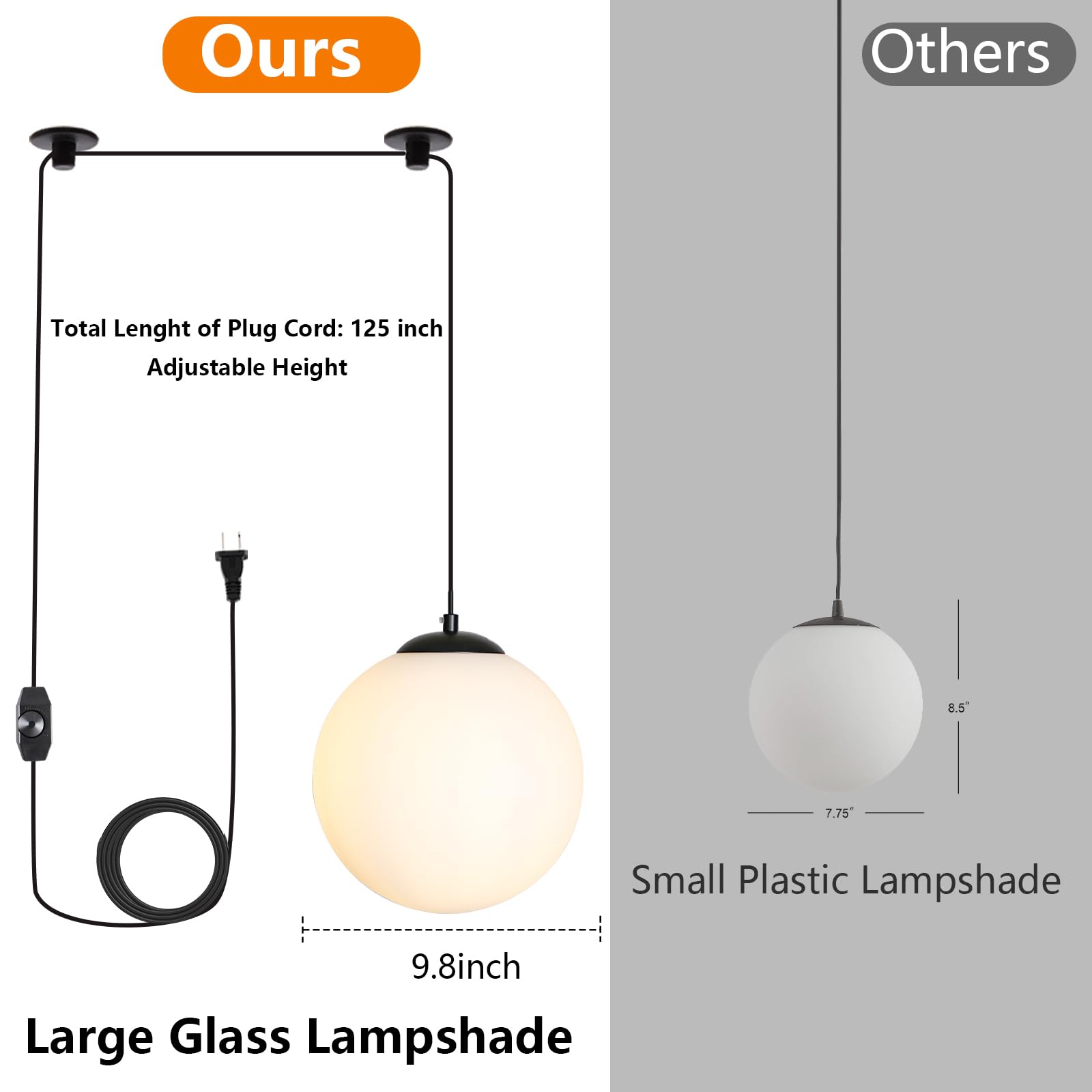 Luces colgantes con forma de globo – Lámpara negra de mediados de siglo con vidrio de leche, lámpara de techo moderna, lámpara colgante grande para cocina, dormitorio, sala de estar, comedor, 2