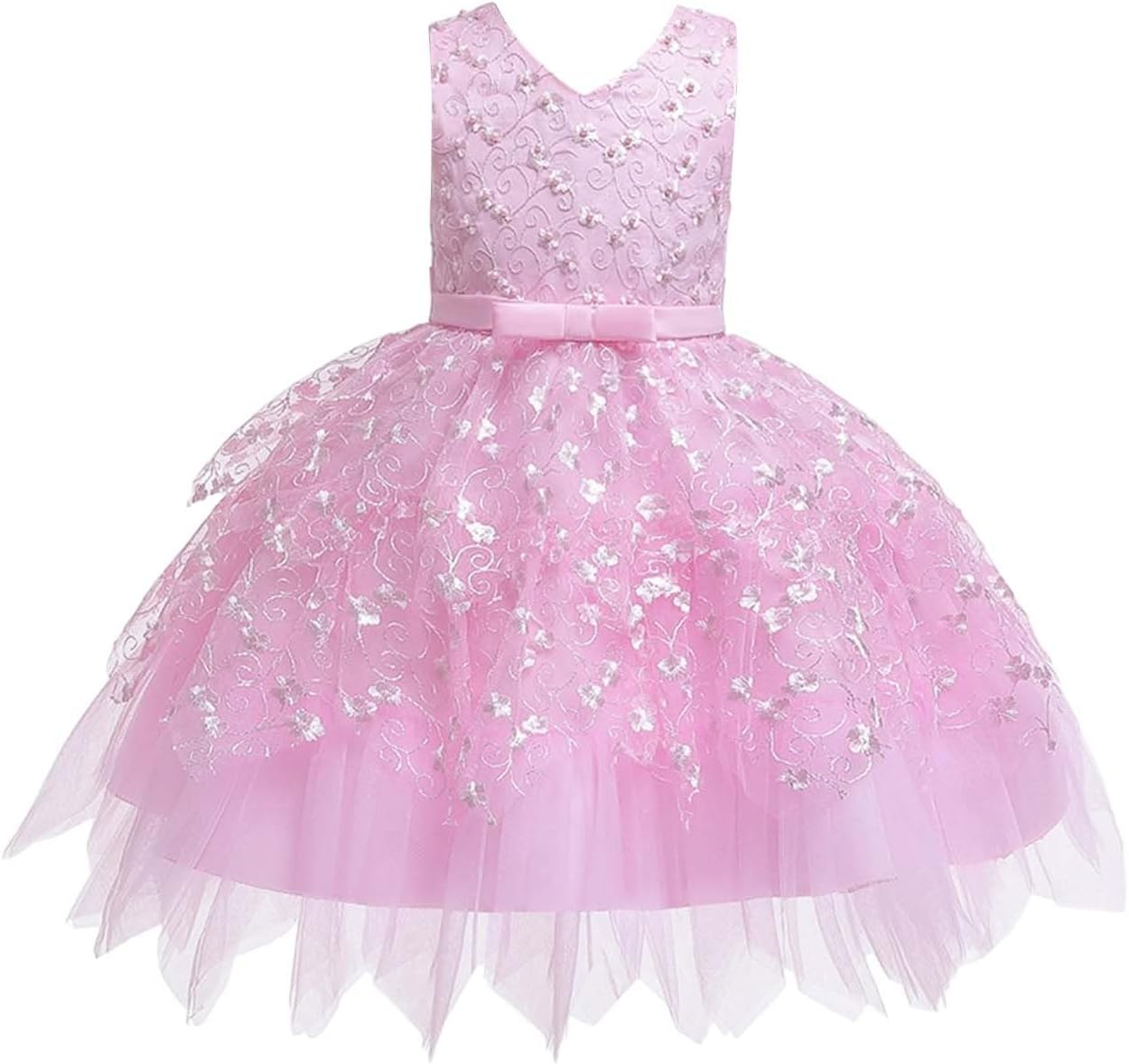 Girls Tulle Dress Embroidered Floral Ball Gown Sleeveless V Neck A Line Tulle Dresses Fluffy Lace Performance Dress