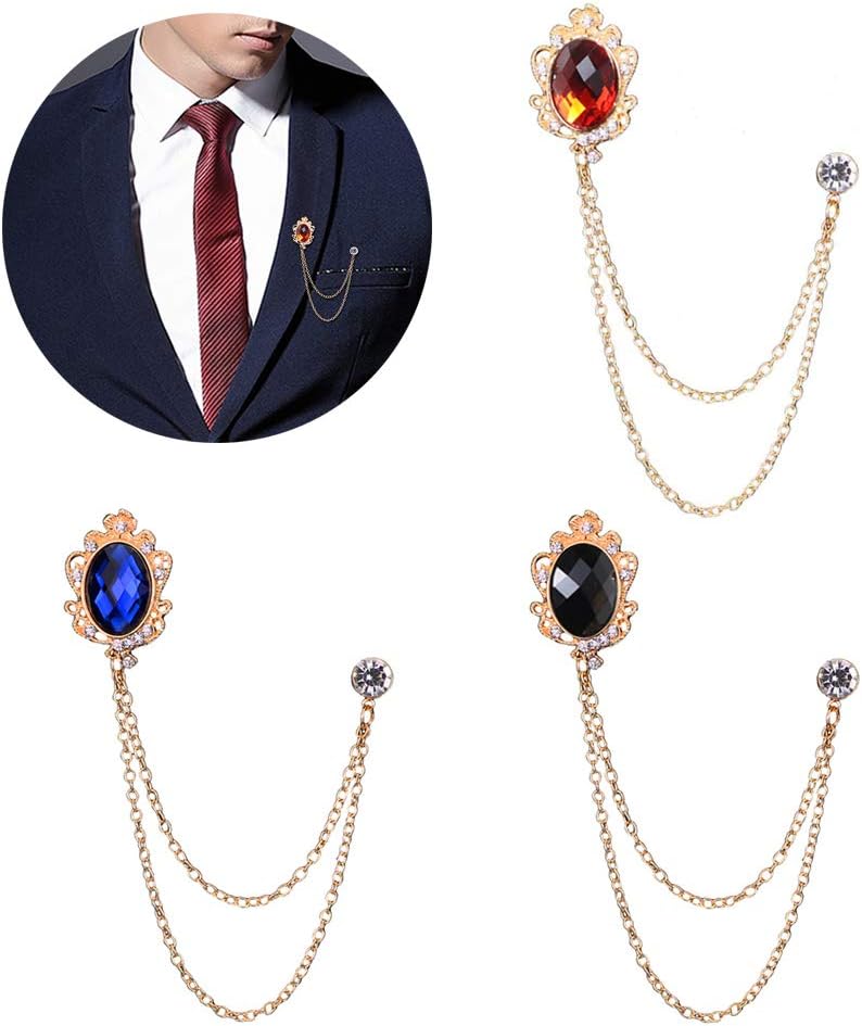 3 Packs Men's Gem Brooch Lapel Pin Badge Hanging Chains Collar Brooches Pin for Career Suit Tuxedo of Shirts Tie Hat Scarf for Boyfriend Father Birthday Holiday Gift Black/Red/Blue