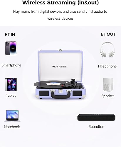 Miniatura 3 de Suitcase - Tocadiscos Bluetooth, reproductor de discos de vinilo portátil con altavoces estéreo integrados, tocadiscos retro de 3 velocidades,