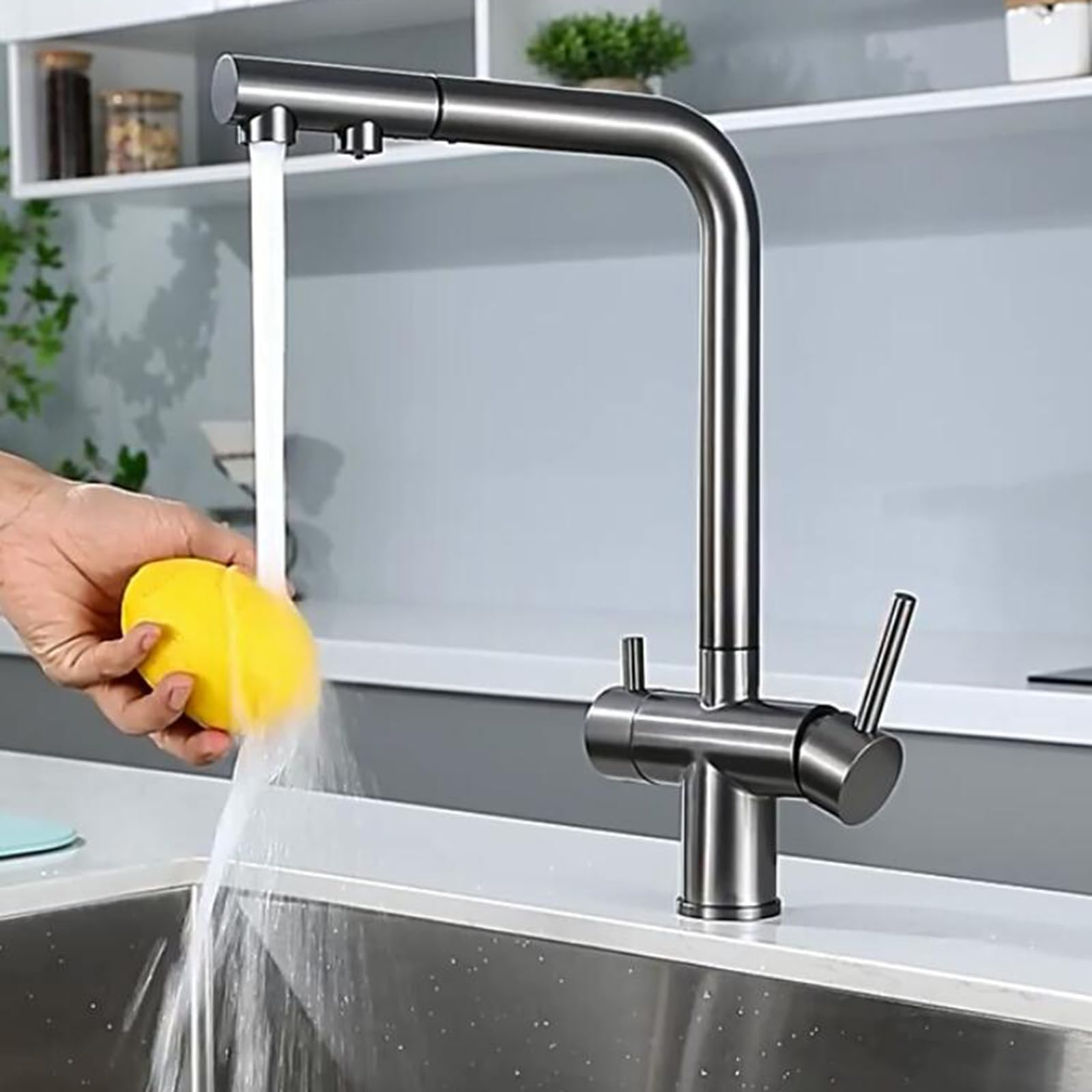 Grifo de Cocina Osmosis 3 Vias Extraíble Grifo de Cocina Acero Inoxidable 2 Mandos Grifo 3 Vias Osmosis-Oro Cepillado