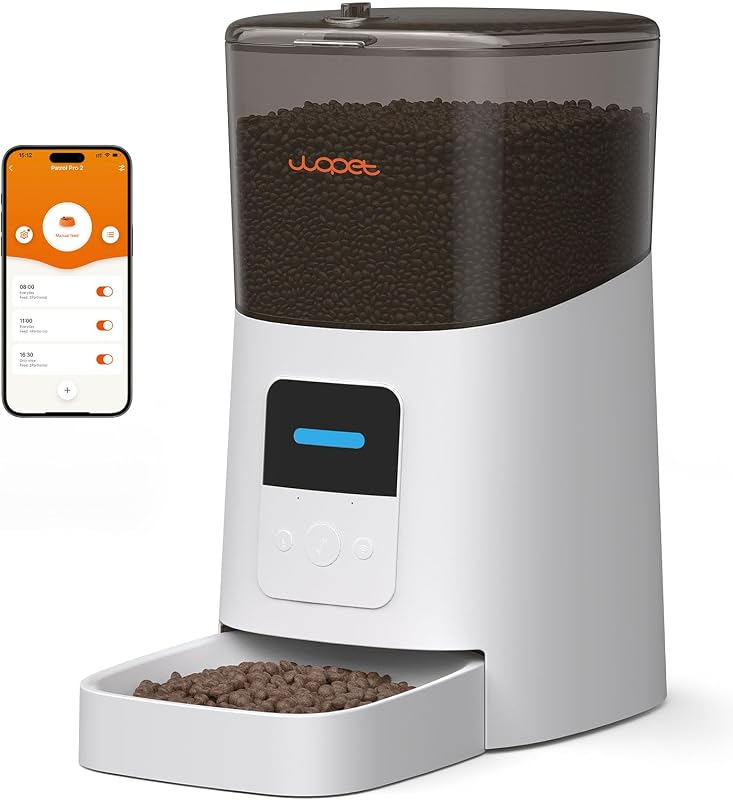 Comedero Automático para Gatos de 6L, Comedero Automático para Perros WiFi con Control de Aplicación para Alimentación Remota, Dispensador de Comida para Gatos con Sensor de Comida Baja y Grabadora de Voz, Hasta 15 Comidas por Día