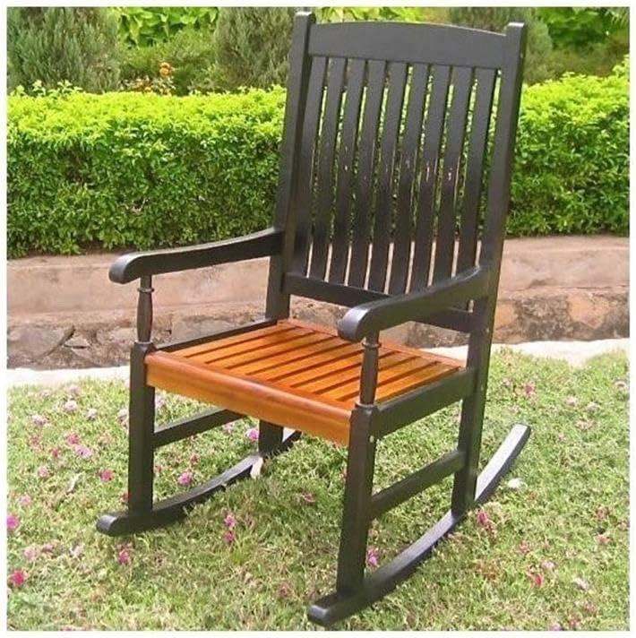 Pemberly Row Acacia Wooden Outdoor Rocking Chair, 43" H x 23" W x 31" D, Black/Oak Finish, All-Weather UV Resistant, High-Back Deep Seating for Patio Deck or Garden