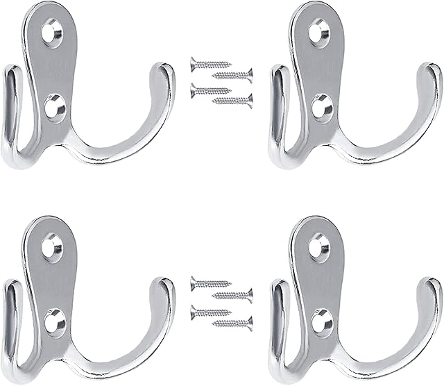 EXGOX 4 Pcs Double Prong Robe Hooks, Dual Coat Hooks Wall Mounted Hanging Clothes for Bathroom Bedroom Door Wall Retro Metal Cloth Hanger Double Coat Hooks with 8 Screws (Sliver)
