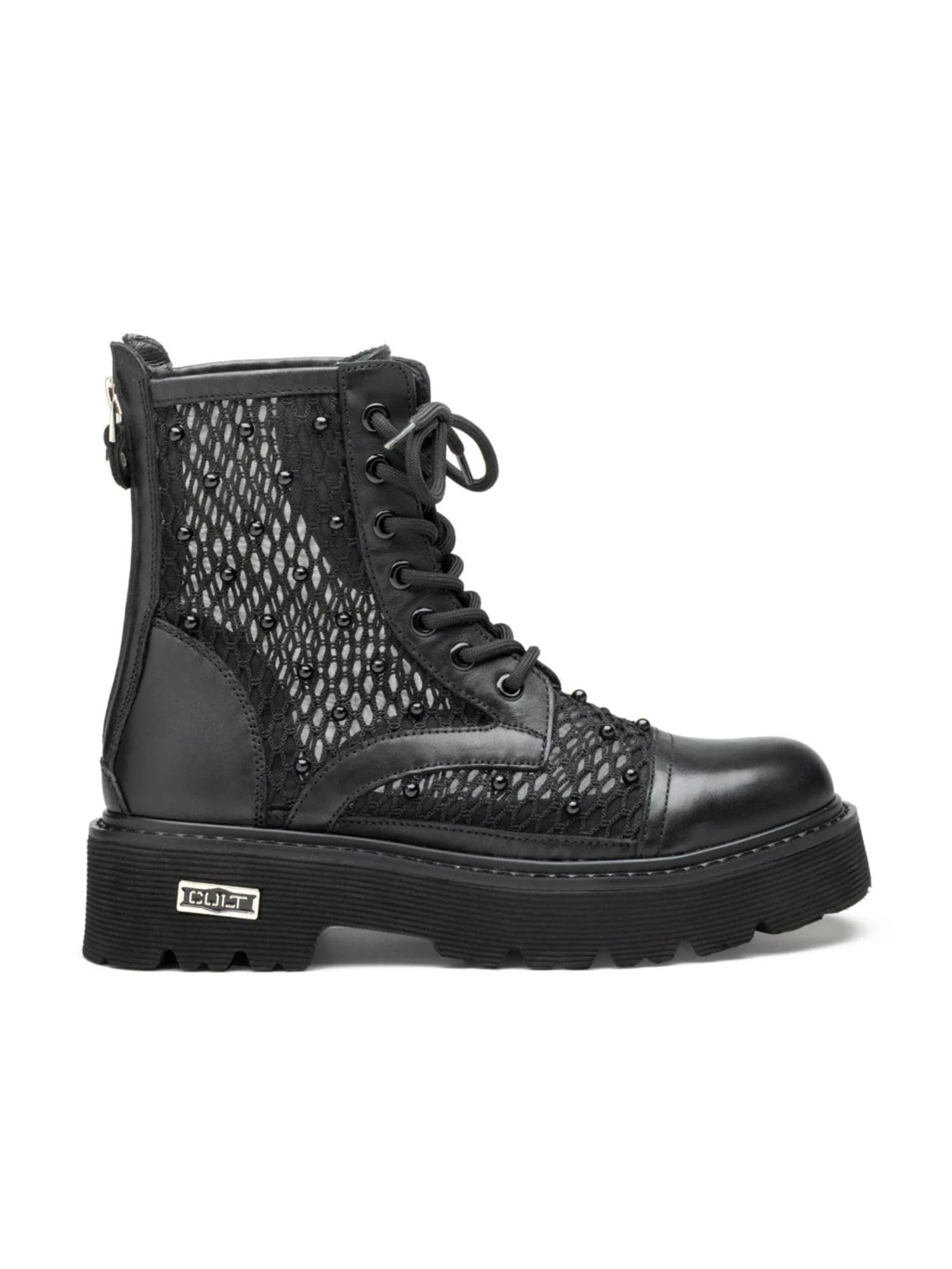 Cult Stivali Combat Donna con Borchie, Nero, Pelle Sintetica, Suola Carrarmato, Chiusura con Lacci e Cerniera Laterale, Taglia 38, Stile Rock Militare