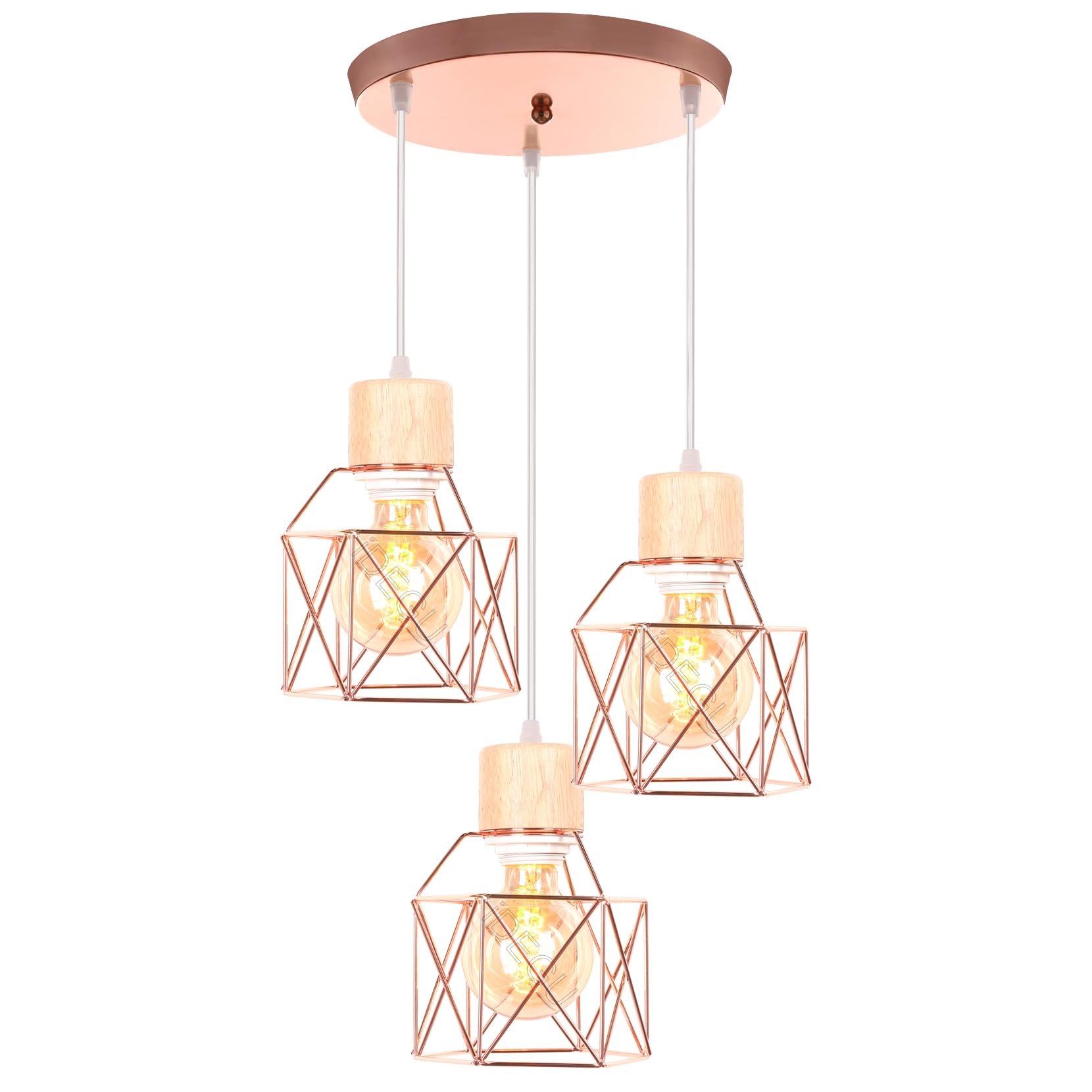 iDEGU 3 Lampes Suspension Luminaire Vintage Lustre Industriel en Bois Métal Rétro Plafonnier Abat-Jour Design Cage E27 Éclairage de Plafond pour Salon Chambre Cuisine (Or Rose, Bois, Cercle)