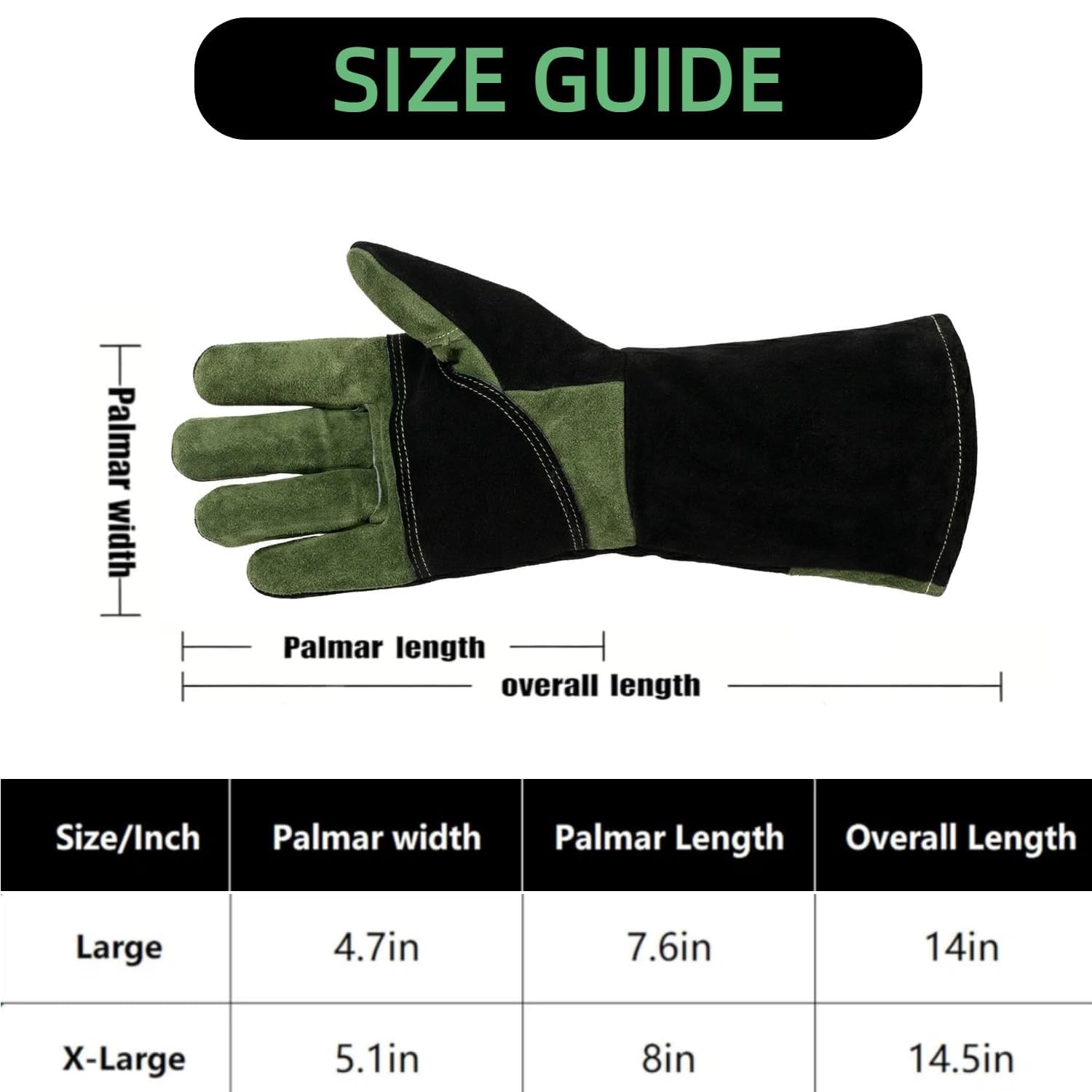 Grillhandschuhe und Schweißhandschuhe aus Rindsleder, langärmelig, feuerfeste und hitzebeständige Kaminhandschuhe für Grill, Schweißen Tig Mig, Kamin, Ofen, Backen, Herd (Green, X-Large)