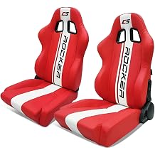 Universal Pairs of Racing Seat with Dual Sliders, PU Leather Reclinable Bucket Seat, Red+White Stripe LOGO-Flat Style