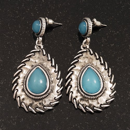 Pendientes redondos acrílico turquesa plata quemada vintage joyería mujer 4