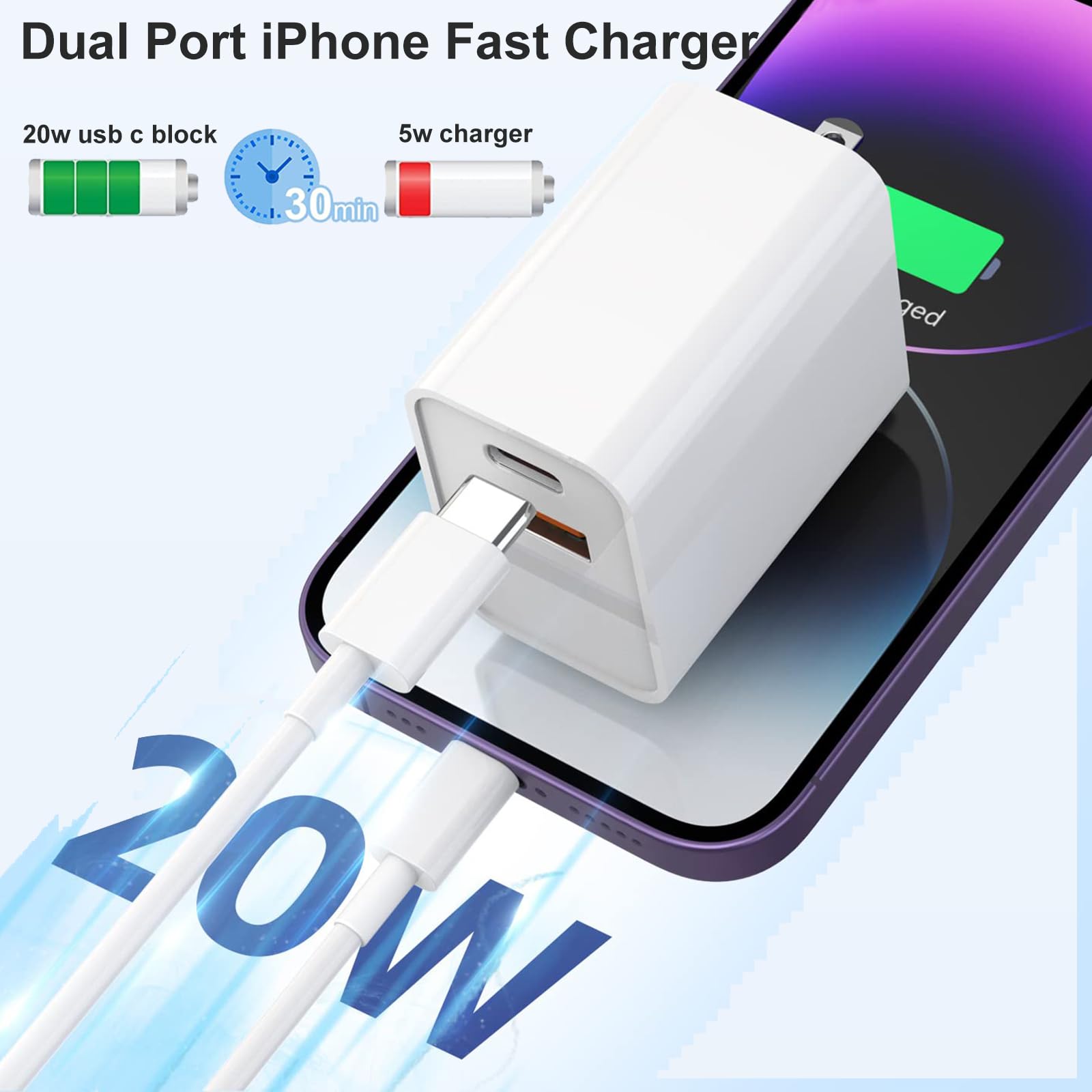 Cargador de pared USB C, [certificado Apple MFi] Cargador de iPhone de 10 pies de doble puerto de 20 W PD+QC3.0 adaptador de corriente de carga rápida con cable USB C a Lightning de 10 pies para