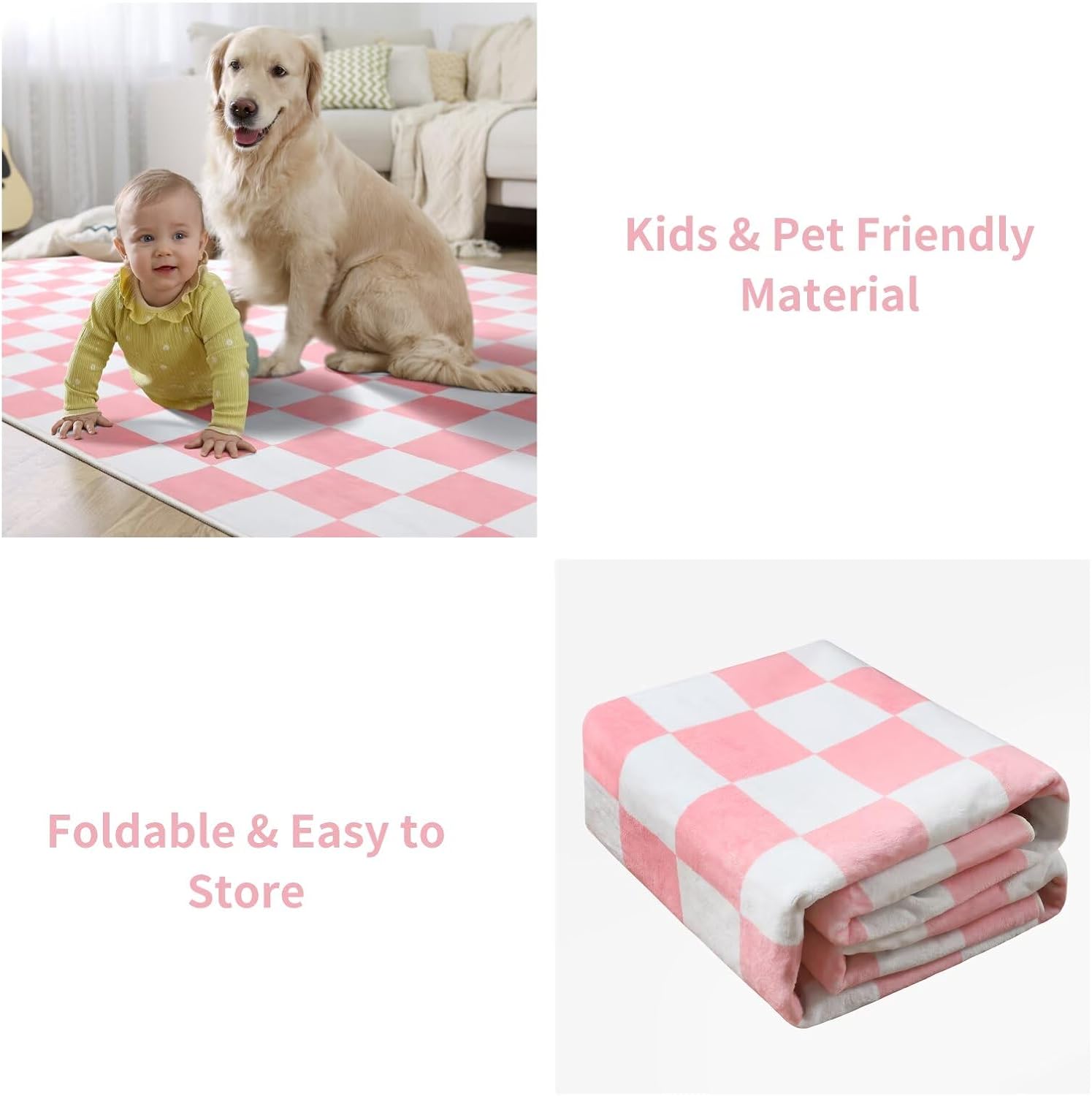 Terrug Pink and White Checkered Rug for Bedroom,3x5 Area Rugs Washable with Non Slip for Living Room,Soft Low Pile Stain Resistance Retro Carpet for Dorm Kids Room