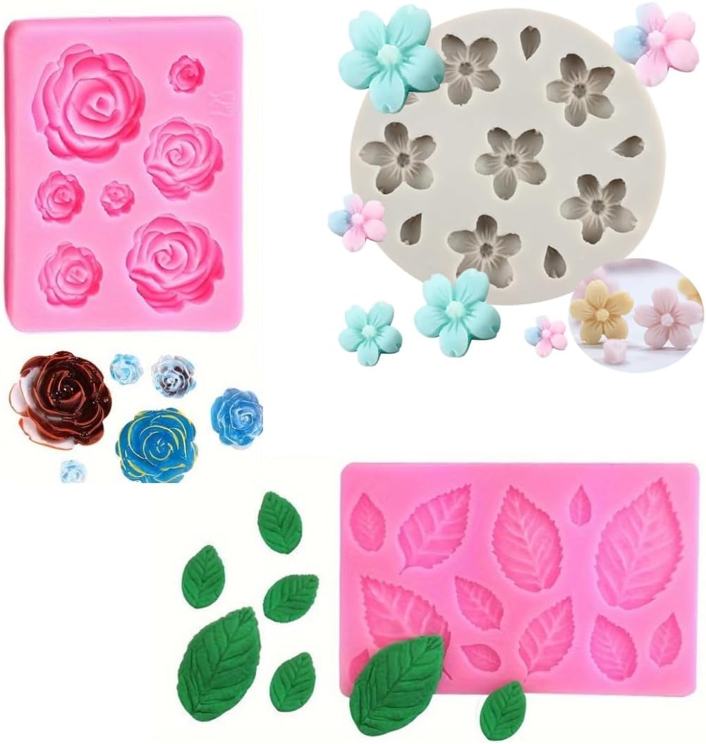 Skytail 3 Pack Cherry Blossom Rose Flower & Leaf Fondant Silicone Moulds for Chocolate Candy Cake Decoration Cupcake Topper Gummy Jelly Ice Cube Sugarpaste Clay Soap Candle Wax Resin Jewelry Molds